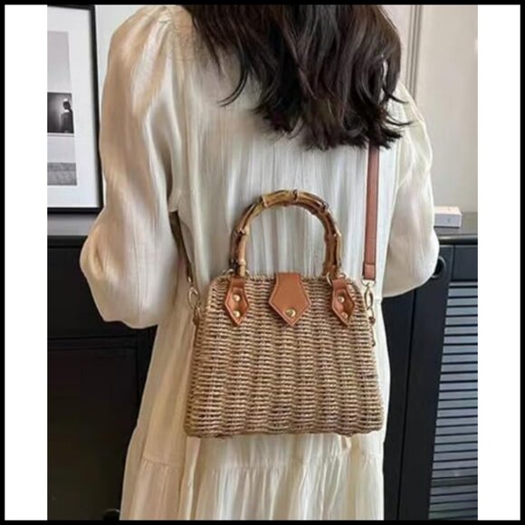 Rattan Woven Crossbody Shoulder Bag Minimalist Boho Summer Beach Tote - Picture 2 of 7